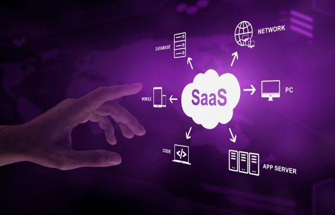 SaaS cloud concept showing connections to mobile, PC, and servers.