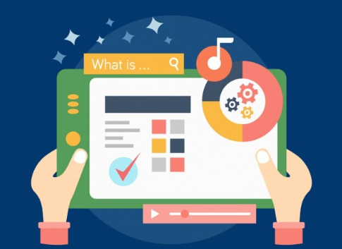 Hands holding tablet with colorful charts and search bar.