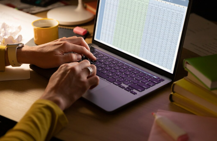 Person working on laptop analyzing large spreadsheet data at desk.