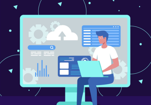 Illustration of developer using laptop with cloud computing interface.