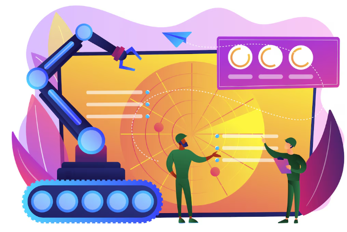 Robotic arm with workers analyzing digital radar screen for automation.
