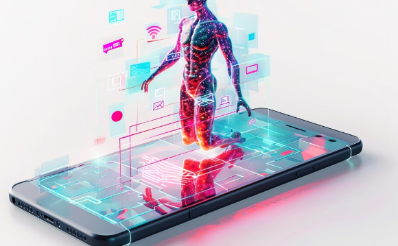 Futuristic hologram human figure emerging from smartphone display.