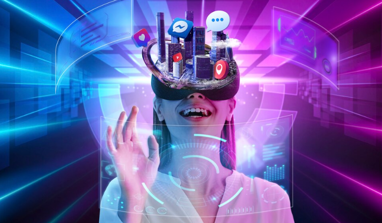 Woman using VR headset exploring virtual city with digital icons.