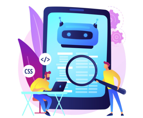 Illustration of developer coding chatbot with magnifying glass on large screen.