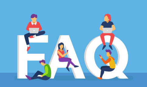 People sitting on giant FAQ letters, using laptops and smartphones.