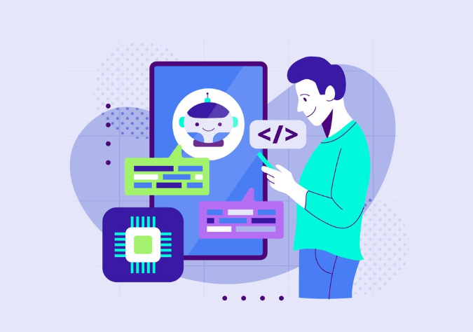 Man chatting with friendly chatbot icon on smartphone, coding symbols nearby.