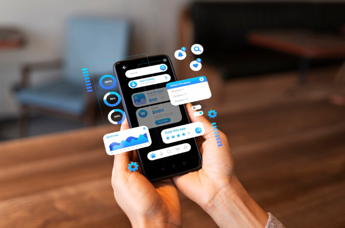 Hands holding smartphone with floating digital UI elements and data analytics.