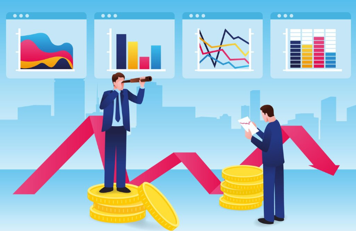 Business professionals analyzing charts and graphs for financial market data.