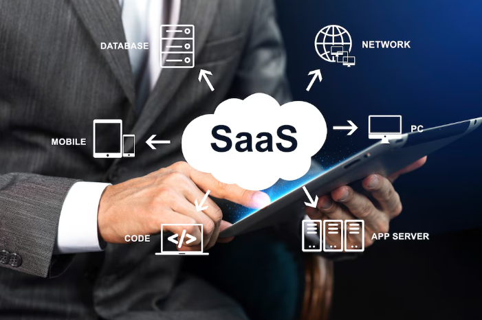 Businessman using tablet showing SaaS cloud with connected technology icons.
