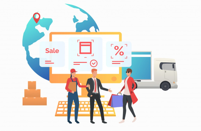 People shopping online with global sales, discounts, and delivery truck and Automated.