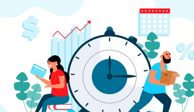 People managing time with giant clock, graphs, and calendar symbols.