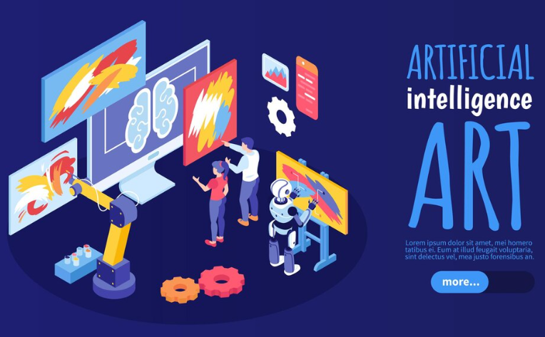 Illustration of AI creating art with robots and human collaboration.