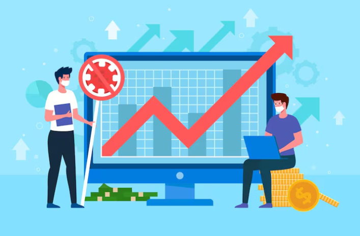 Business growth chart rising during pandemic with masked professionals working.
