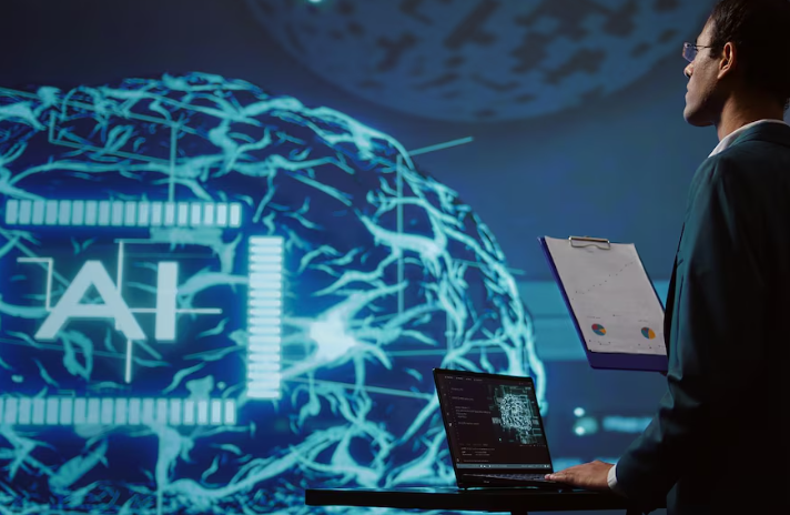 Professional analyzing AI technology with digital brain projection on screen.