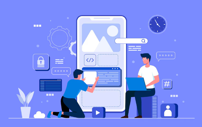 Developers designing a mobile application interface with teamwork and coding.