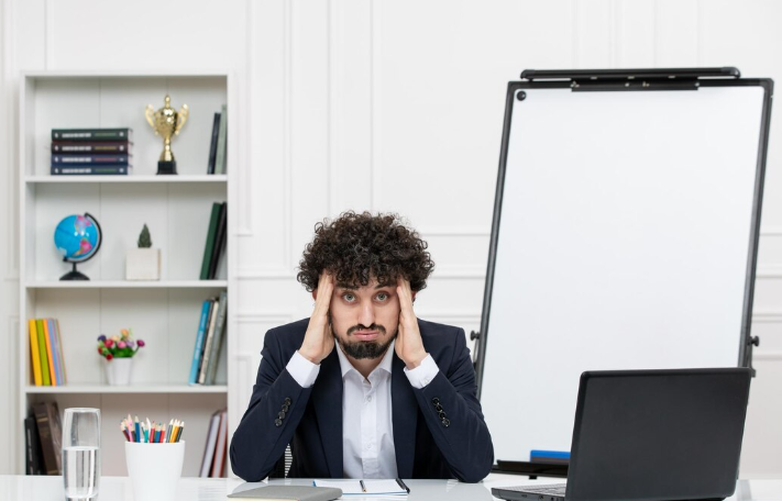 Frustrated businessman holding head while sitting at office desk.