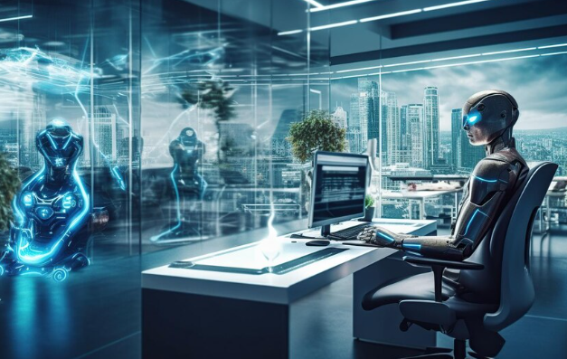 Robot working on futuristic computer in modern city office and Businesses Revolutionizing Work with Generative AI