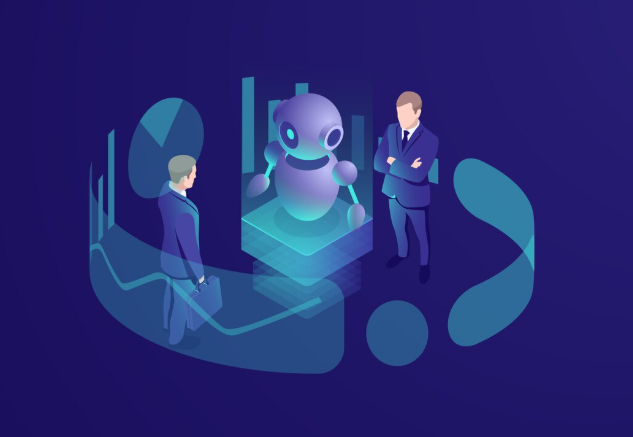 Businessmen discussing with holographic AI assistant projection.