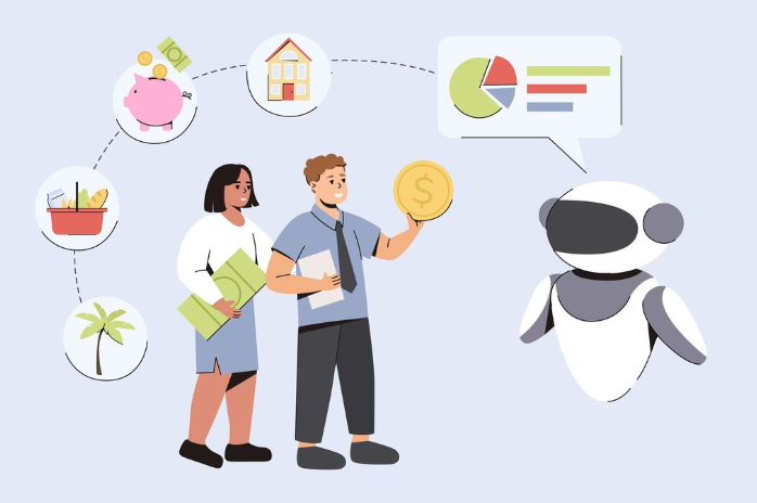 Couple using robot assistant for personal financial planning guidance.