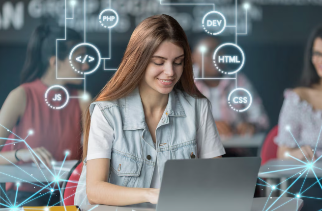 Young woman working on laptop with coding icons around.