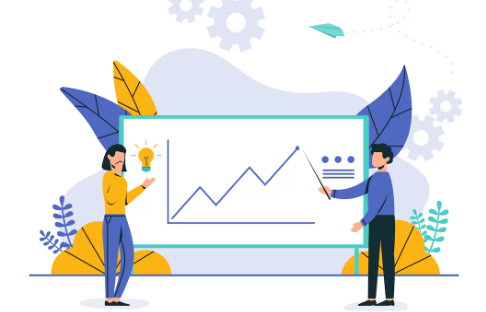 Two people discussing a chart with rising line graph.
