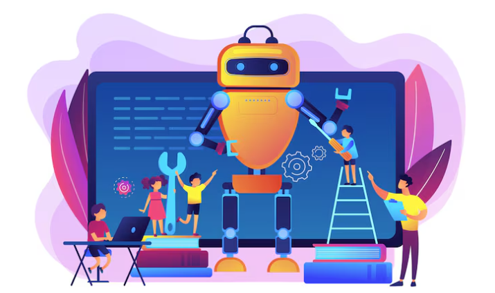 Cartoon robot being built and studied by small characters.