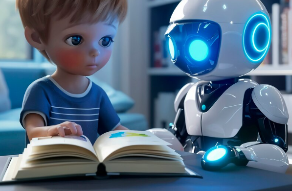 Child reading a book beside a friendly humanoid robot.
