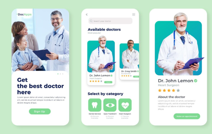 Mobile app screens showing doctor profiles and appointment booking options.