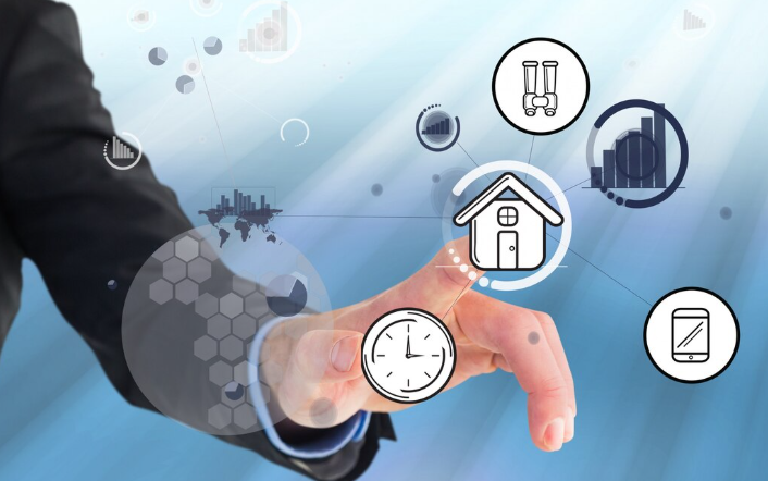 Hand interacting with digital icons