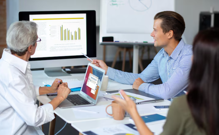 Business meeting with data presentation.