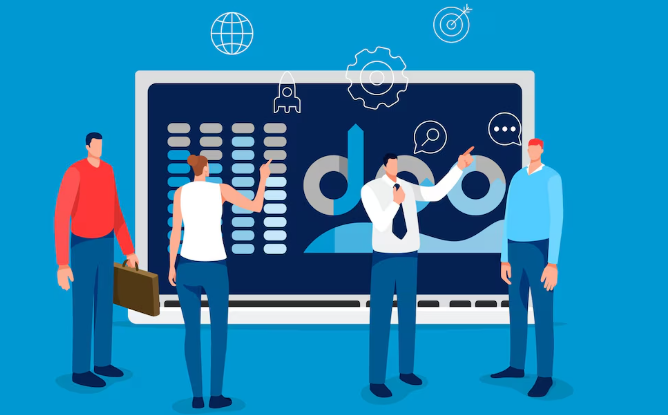 Business team discussing data analytics