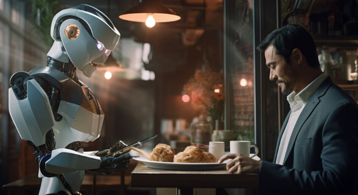 Robot serving food to customer and  Traditional vs AI-Driven Automation.