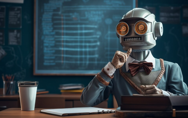 Robot with glasses and bowtie thinking