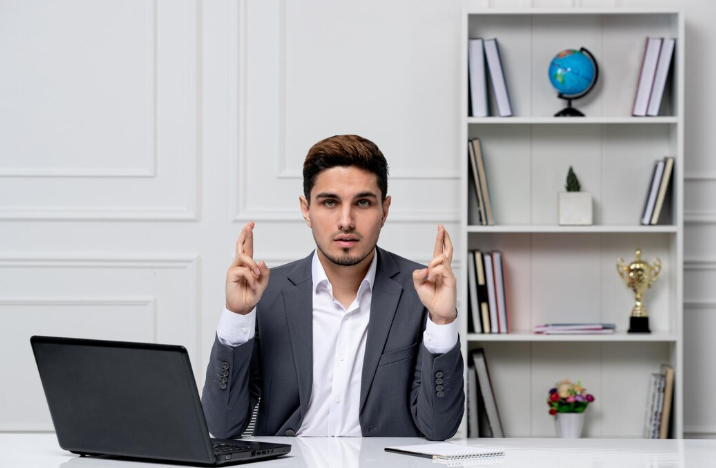 Man in suit at desk and Right Decision for Your Business.