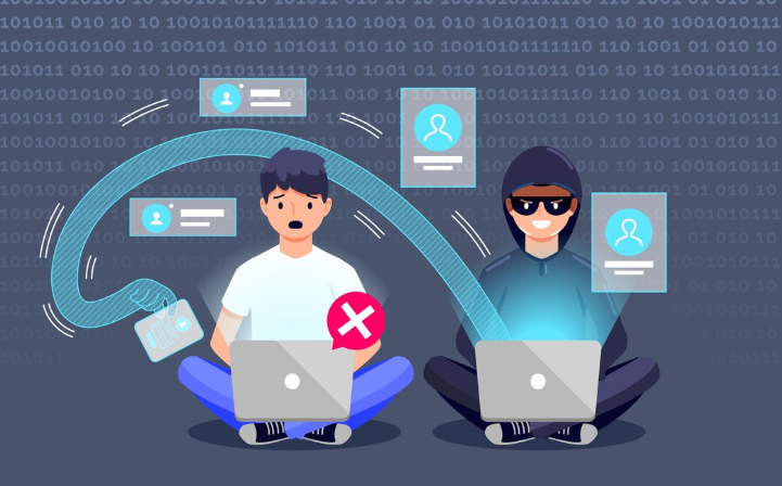 Two people using laptops, data transfer.