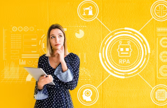 Woman holding tablet with RPA graphics