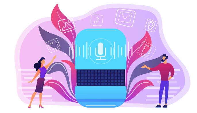 People interacting with voice technology.
