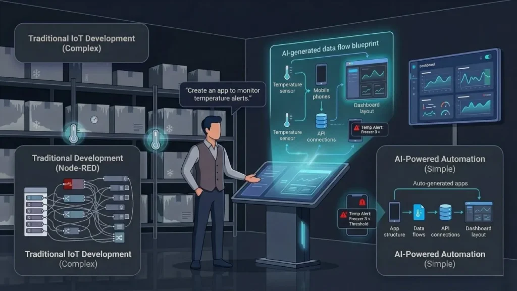 infographic comparing traditional complex iot development with simple ai