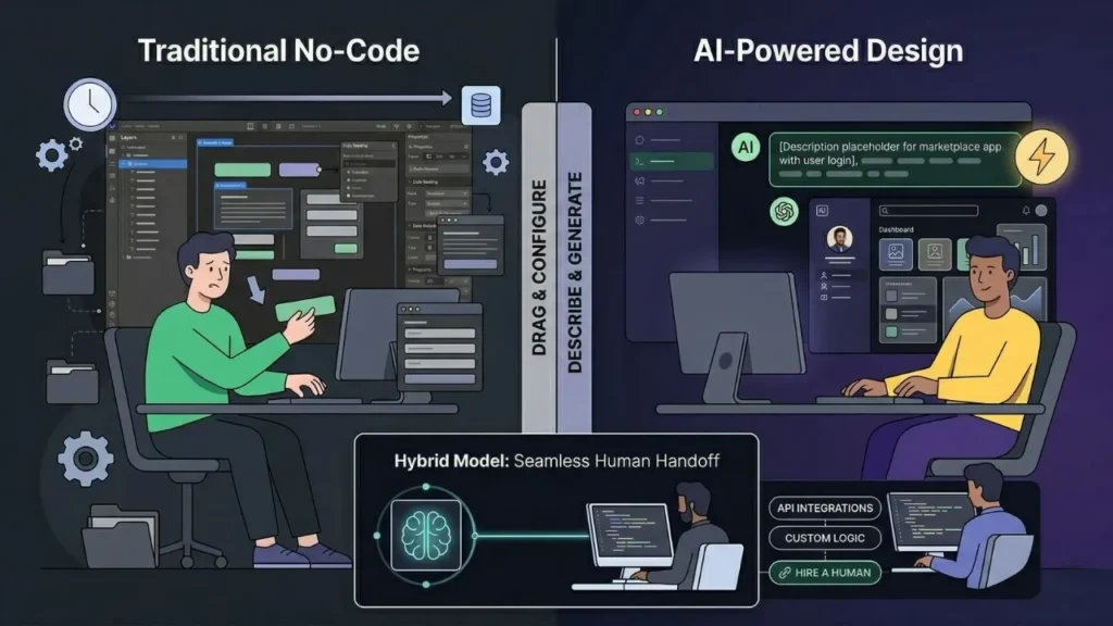 infographic comparing traditional no code vs ai powered design