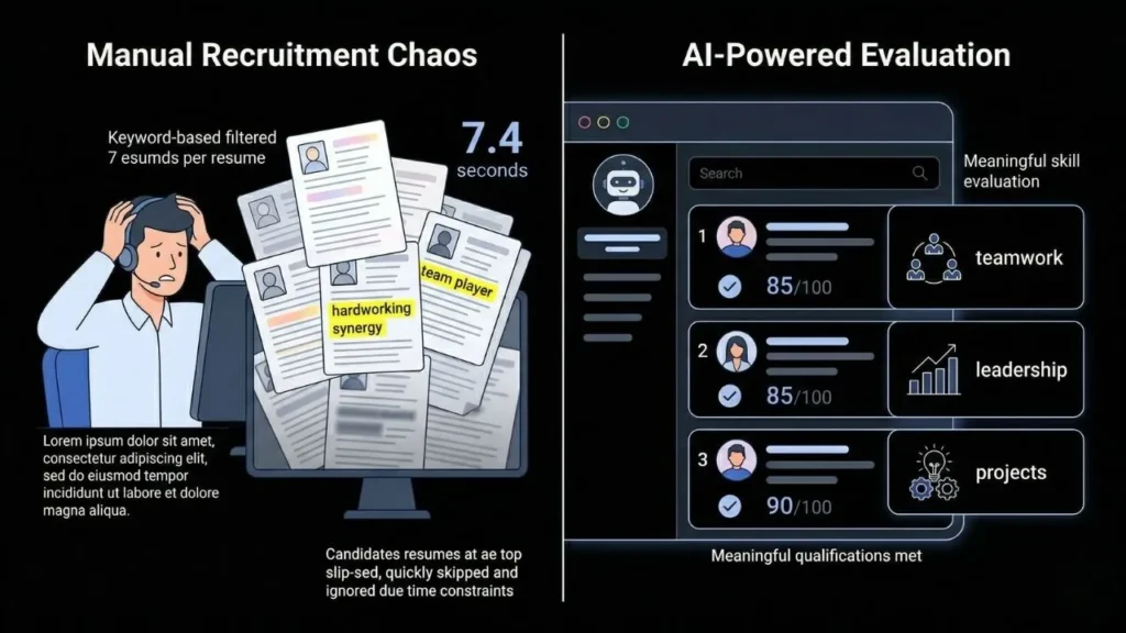 infographic contrasting manual recruitment chaos with efficient ai powered candidate skill evaluation