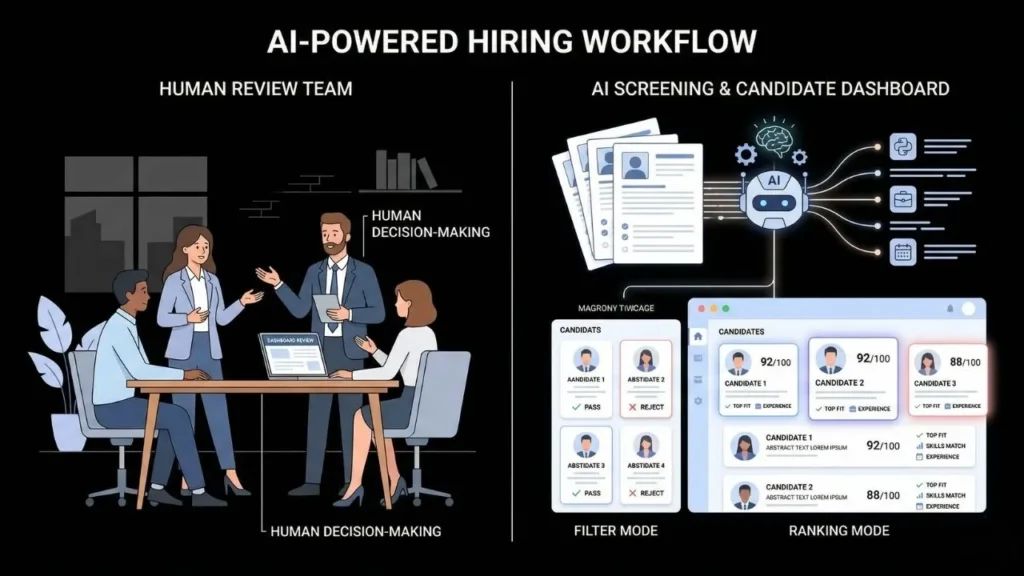 infographic of an ai powered hiring workflow showing ai candidate screening and human review teams