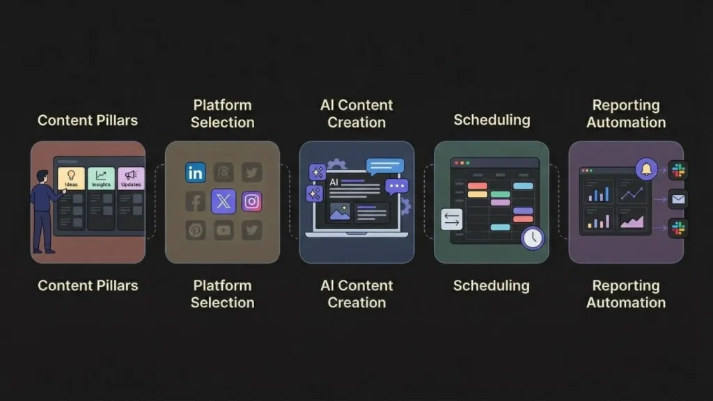 infographic showing a social media workflow content pillars platform selection