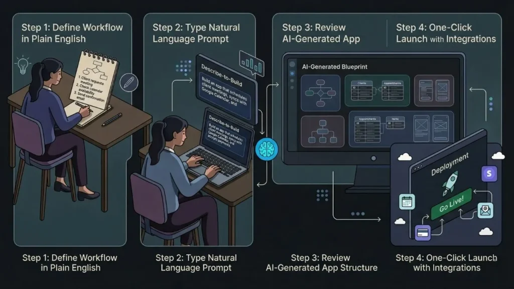 showing ai app creation process from plain english prompts
