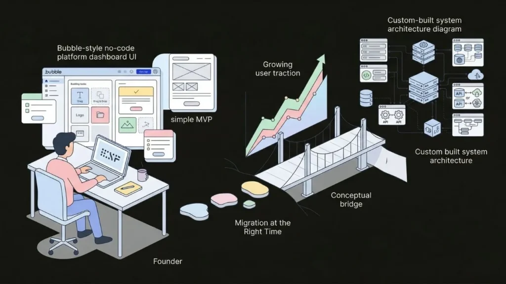 infographic showing startup transition from no code mvp