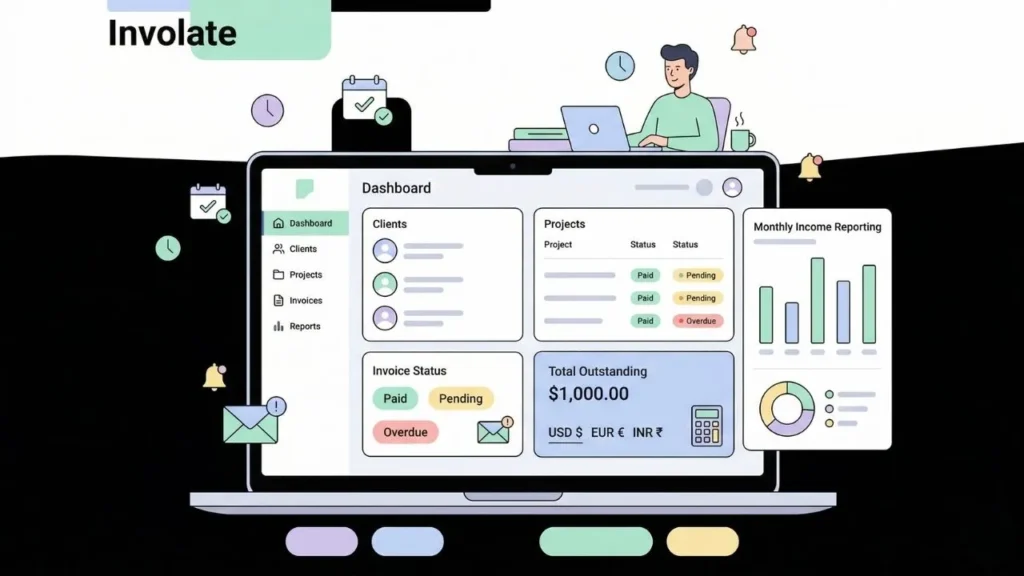 involate business dashboard illustration with project management financial reports and invoice tracking