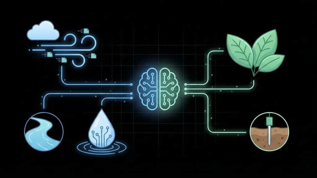 Nature sensors connected to a central AI brain in vector art.