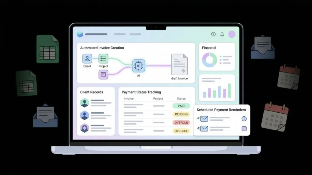laptop displaying an ai powered dashboard for automated invoicing payment tracking and financial management