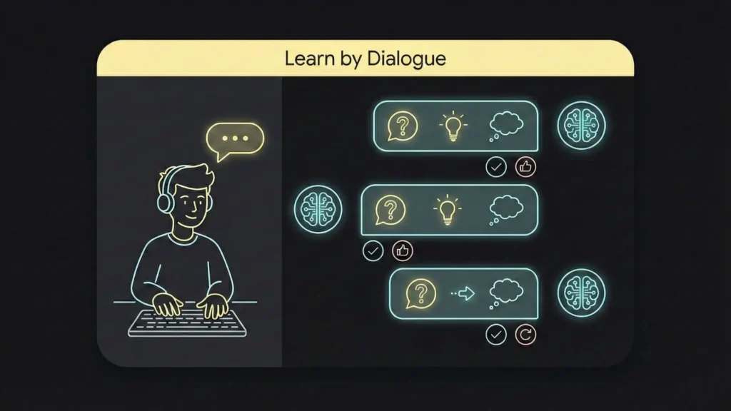 Dark mode illustration of a user learning through an AI chat dialogue.