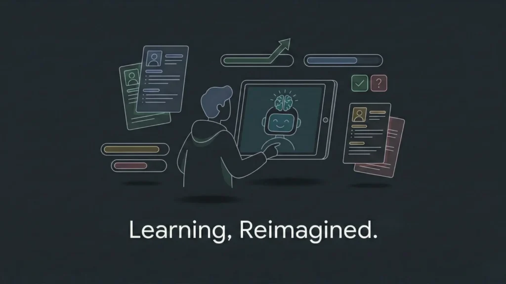 Abstract illustration of AI-driven personalized learning and career growth with the caption 'Learning, Reimagined'.