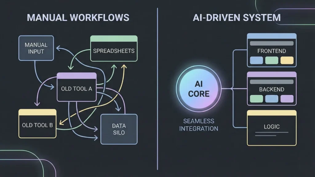 Minimal split illustration comparing tangled manual workflows with a seamless AI-driven system architecture.